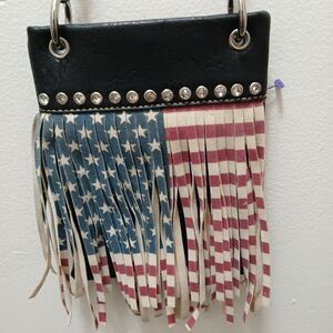 Patriotic Leather Fringe Flag/Rhinestones/ Detachable Chain Strap Crossbody Bag